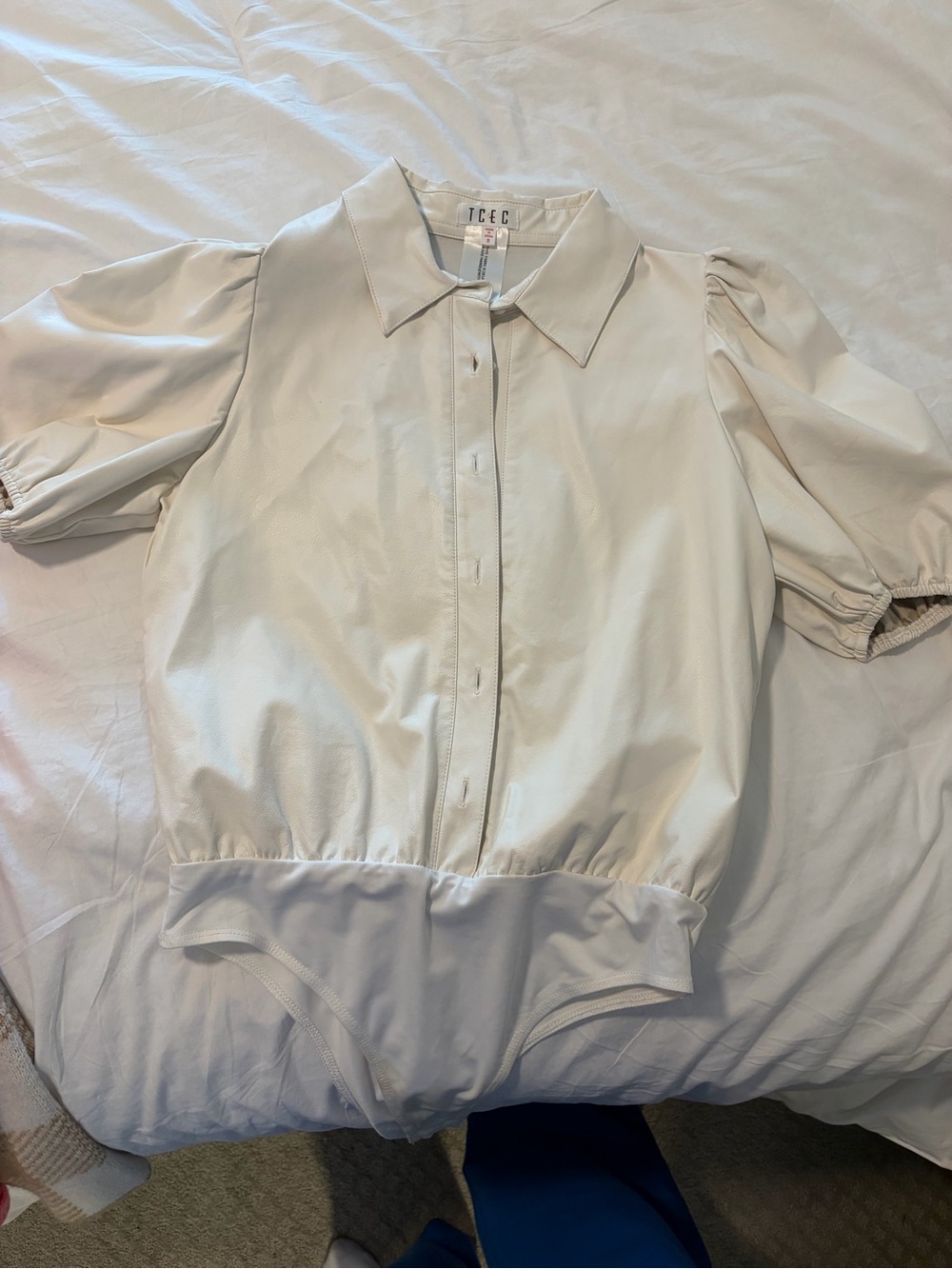 Cream, Faux leather, puff Sleeve Button-Up Bodysuit